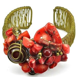 Handmade Brass Bangle Bracelet with Red Agate - Adjustable